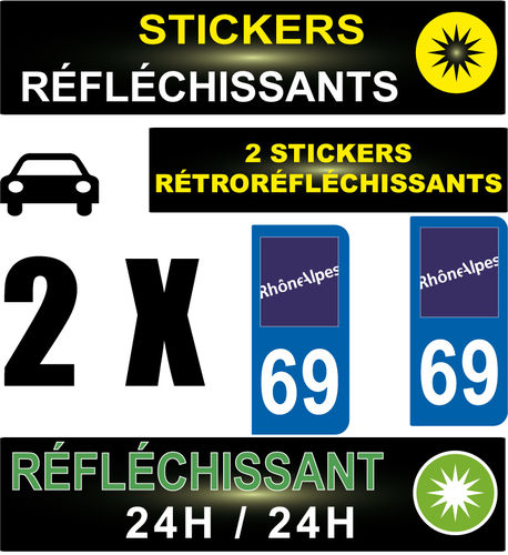 2 Stickers réfléchissant style AUTO Plaque département 69