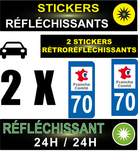 2 Stickers réfléchissant style AUTO Plaque département 70