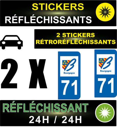 2 Stickers réfléchissant style AUTO Plaque département 71