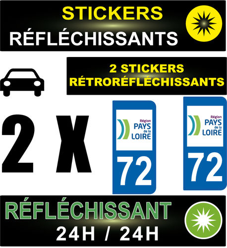 2 Stickers réfléchissant style AUTO Plaque département 72