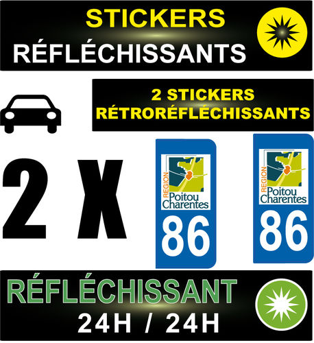 2 Stickers réfléchissant style AUTO Plaque département 86