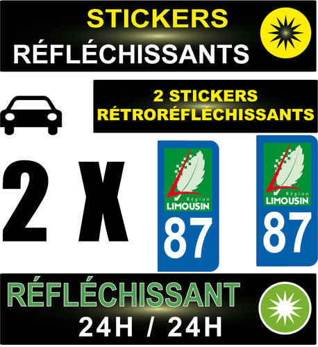 2 Stickers réfléchissant style AUTO Plaque département 87